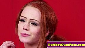 Redhead petite 18+ gets facial cum on face blowjob pov