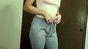 Petite wife does strip tease, rides reverse cowgirl to orgasm with milf couple