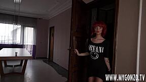 Redhead skinny teen tricked into threesome facial