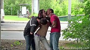 Skinny Teen Girl Fucked by Two Guys on Public Street