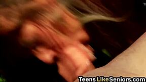 Pretty Brunette Teen 18+ Sucks and Rides Old Guy's Cock Outdoors in Wild Cowgirl Action