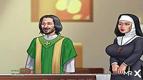 Summertimesaga mature woman pleases husband in anime scene.