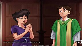 Summertimesaga mature woman pleases husband in anime scene.