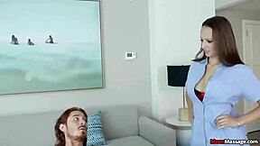 Mean brunette hottie dominates with massage and handjob on monster cock 😈