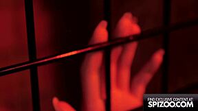 Young Alexis Tae caged and drilled by huge cock in garage.