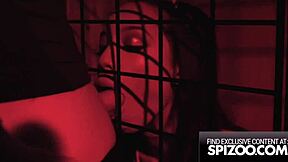 Young Alexis Tae caged and drilled by huge cock in garage.