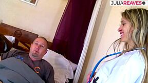 Sexy doctor gets pounded hard in pink pussy by patient. Hospital room turns into wild sex den.