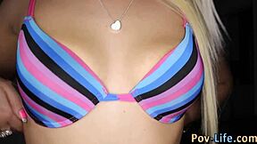 blonde teen guzzles hard in pov style with small tits on display