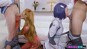 sexy cosplay girls are looking for a way to go to cumicon luckily if you exchange their stepbrothers cocks they can complete their journey