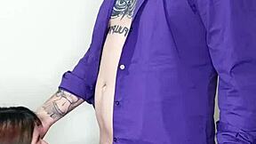 Petite teen receives cumshot in mouth during blowjob