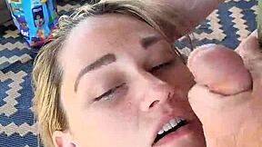 feeling the thrill, the closeup shows the dirty talking blonde hotwife giving a blowjob and receiving a facial.