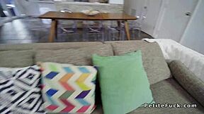 Petite chestnut blows huge cock. She gags, chokes, deepthroats, and gets banged.