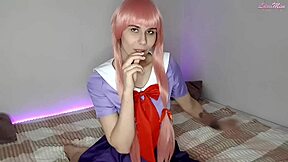 Cute girl with big tits passionately fucks her wet pussy with a big dildo in cosplay