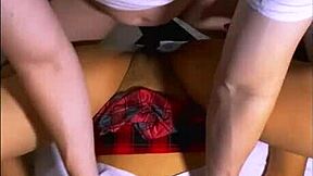 The petite girl blushed at the muscular man in her apartment but eagerly gave in to his touches