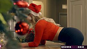 momsteachsex - santas horny helpers bent over in christmas threesome with big tits sucking and cumshot 😏