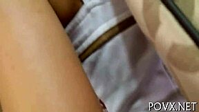 Hairy pussy teen receives cumshots in POV blowjob