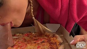 delivery girl wants cum in mouth as delicious pizza topping with deepthroat