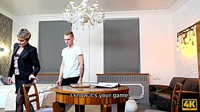 tutor4k mature woman with short haircut gives muff to young man for sex