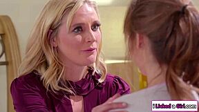 Brunette babe dives into stepmom's hairy butt for a taste.