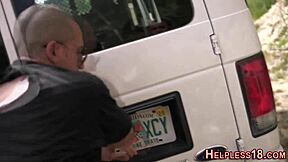 teen hitchhiker gets bound and deepthroated by big cock in bdsm scene