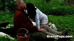 Petite hottie loves getting banged by old men in group outdoor fun!