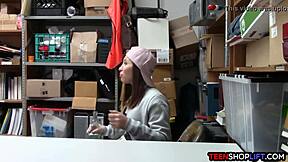 What happens when the security guard catches the petite teen stealing in the shop?