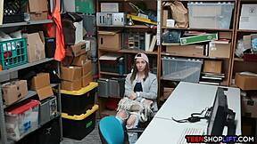 What happens when the security guard catches the petite teen stealing in the shop?