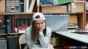 What happens when the security guard catches the petite teen stealing in the shop?