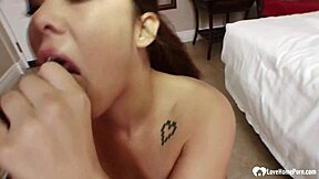 asian hottie teases him before sucking him off in deepthroat interracial action.