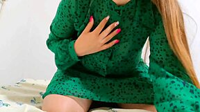 hot skinny stepsister in green dress masturbates to orgasm when parents are away