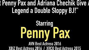 Hot Penny Pax and Adriana Chechik give Alex Legend a DOUBLE SLOPPY BJ with spitting cum and handjob!