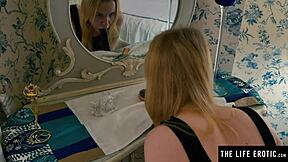 look at this horny blonde riding her black dildo