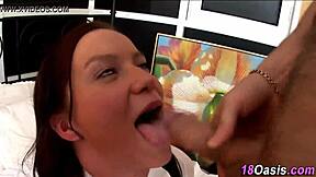 Teen 18+ redhead sucks cock in high definition uniform with natural tits and handjob