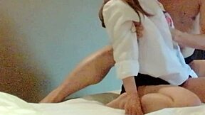 Caressing busty asian girlfriend in red bra, then cowgirl sex.