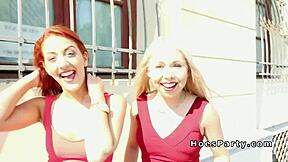 redhead teen 18+ and euro blonde group banged at the party, sucking and fucking in a foursome