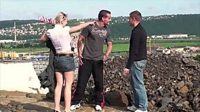 uh, young blonde cutie in public gang bang, 2 big dicks... oops!