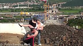 uh, young blonde cutie in public gang bang, 2 big dicks... oops!