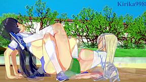 Yomi, ikaruga, and katsuragi engage in intense lesbian play in senran kagura hentai