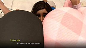 Three girls try to knock John off his feet with their feet and tits!