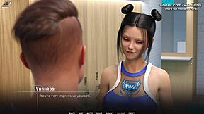 Busty young babe gives handjob and tit job in public college shower in 3d hentai game.