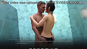 Busty young babe gives handjob and tit job in public college shower in 3d hentai game.