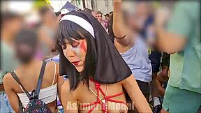 hairy babe teases with nip slip and upskirt in public dance