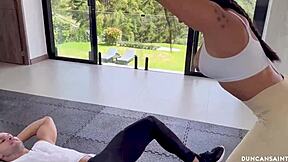 perfect sweaty bodies of brunette couple at gym in lingerie worship big ass with monster cock making juices flow