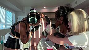 these free ebony girls give a blowjob orgy to a client after shaving their pussies. so sexy!