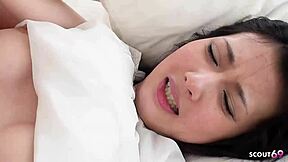 Asian couple fucks rough with shaved pussy