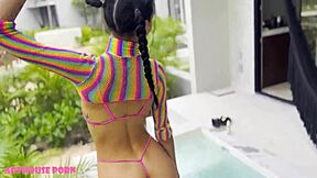 Young girl with baby face and big tits gets deep thrusting and deep throat.