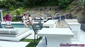 Watch these teen 18+ stepdaughters get fucked in a wild 4some with cum in mouth and facials!