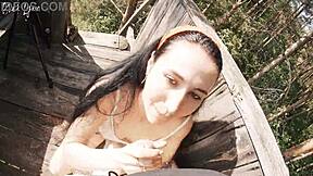 Yo, risky facefuck in the forest, swallowed it at the hunting tower!