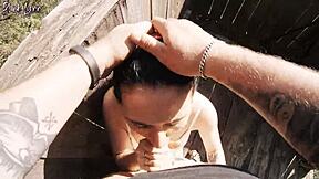 Yo, risky facefuck in the forest, swallowed it at the hunting tower!