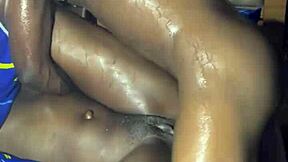 Pounding ebony teen babe's pussy in rough missionary with big cock.